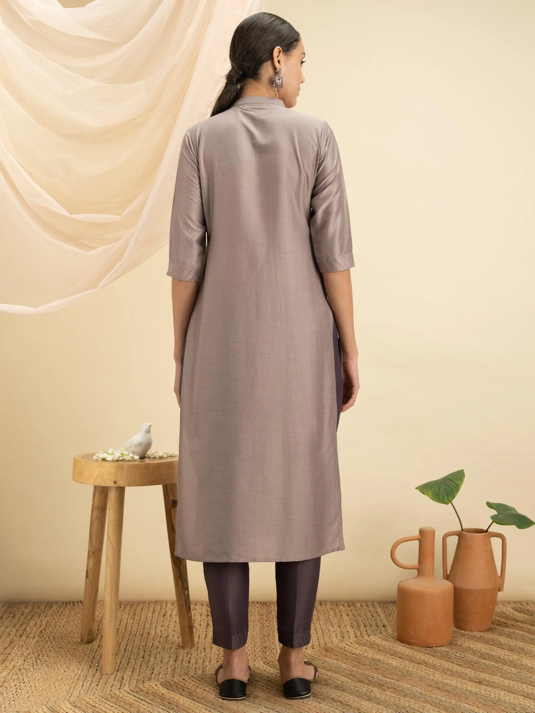 Grey Solid Silk Kurta - Libas 