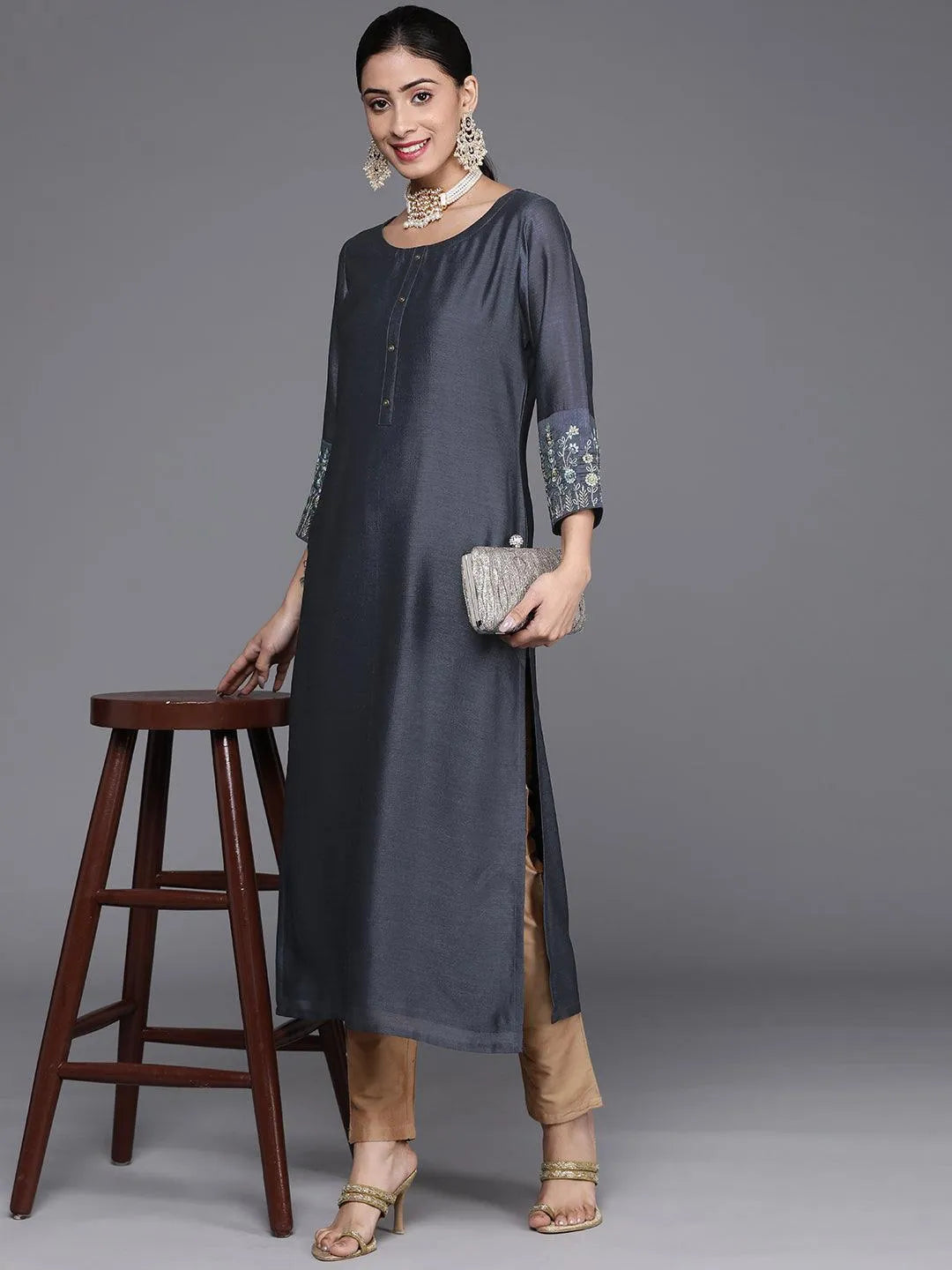 Grey Solid Silk Kurta - Libas 