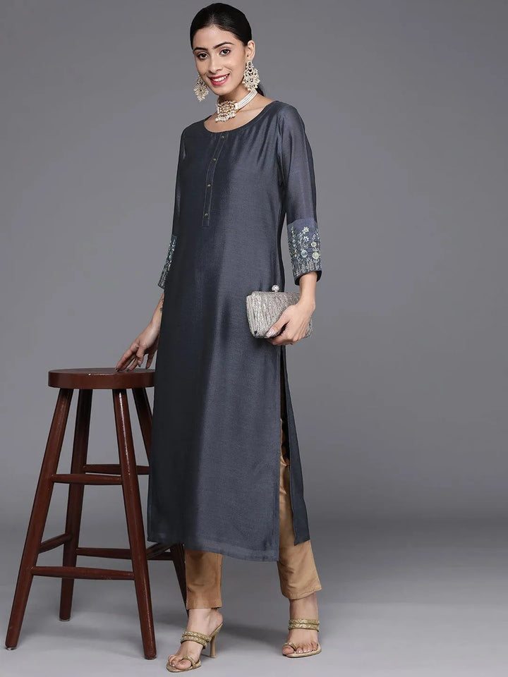 Grey Solid Silk Kurta - Libas