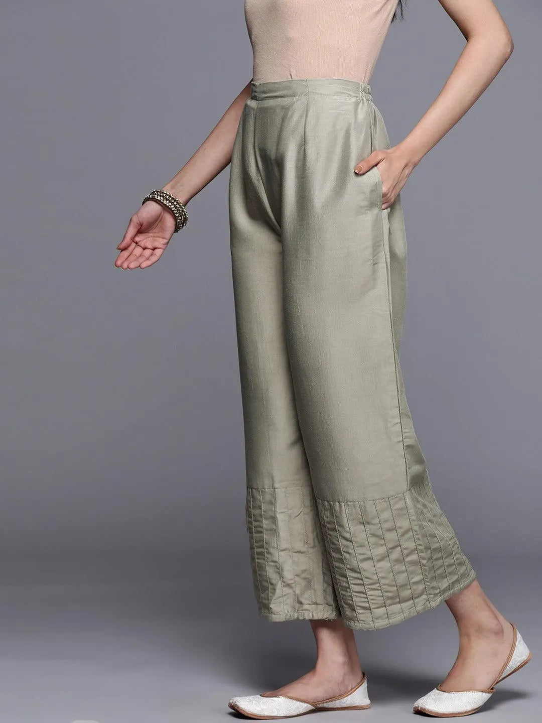 Grey Solid Silk Palazzos - Libas