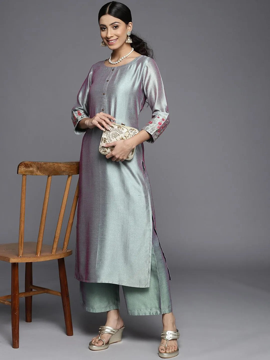 Grey Solid Silk Palazzos - Libas