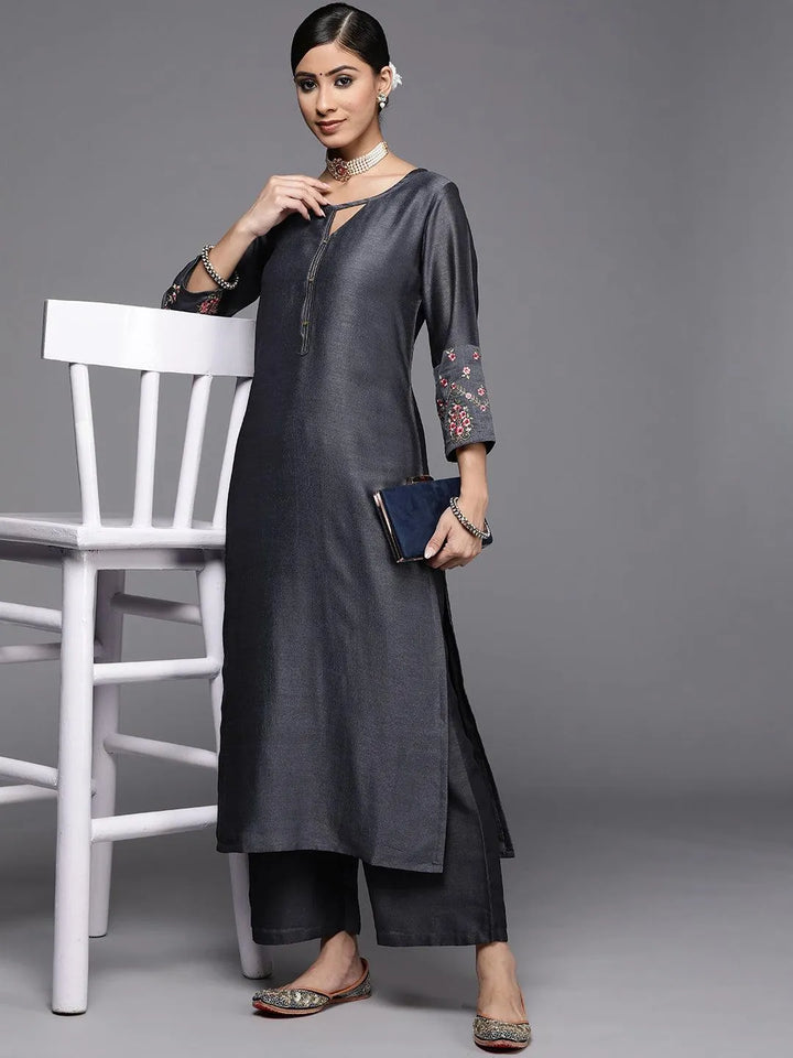 Grey Solid Silk Palazzos - Libas