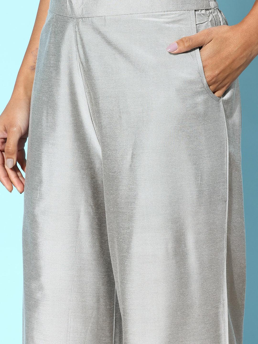 Grey Solid Silk Palazzos - Libas 