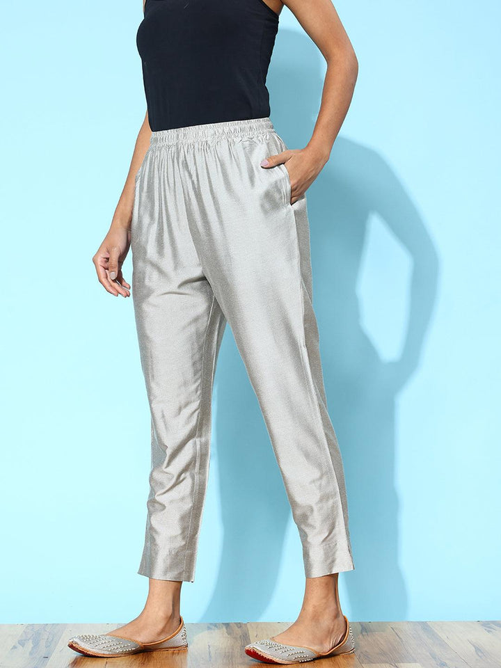 Grey Solid Silk Trousers - Libas