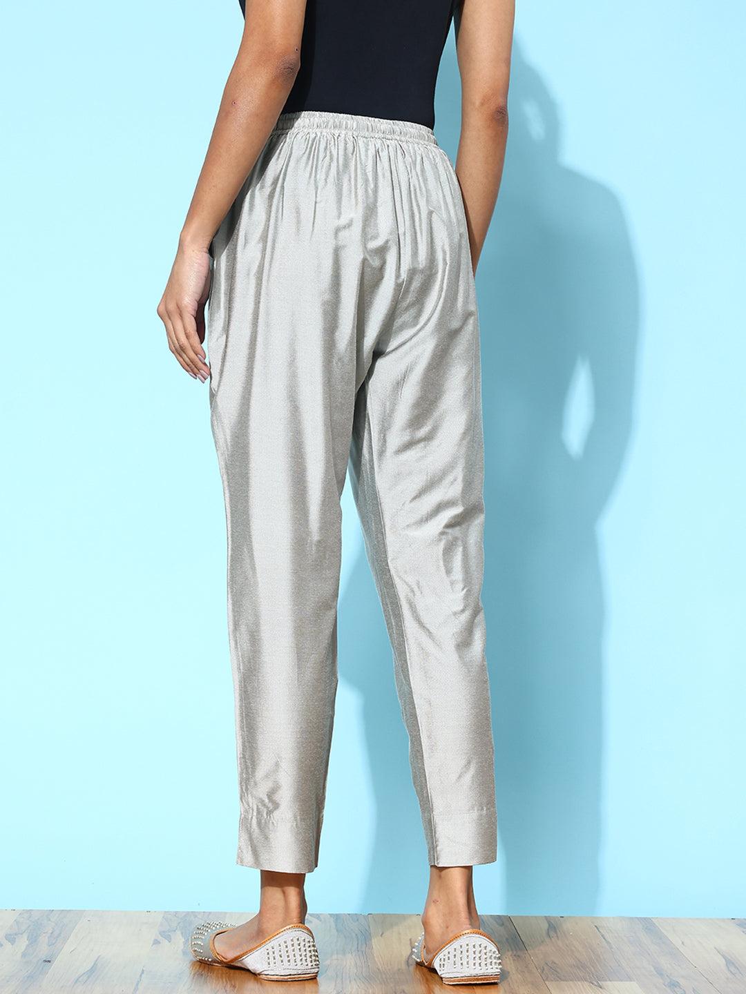 Grey Solid Silk Trousers - Libas