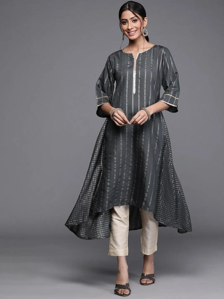 Grey Striped Chanderi Silk Kurta - Libas