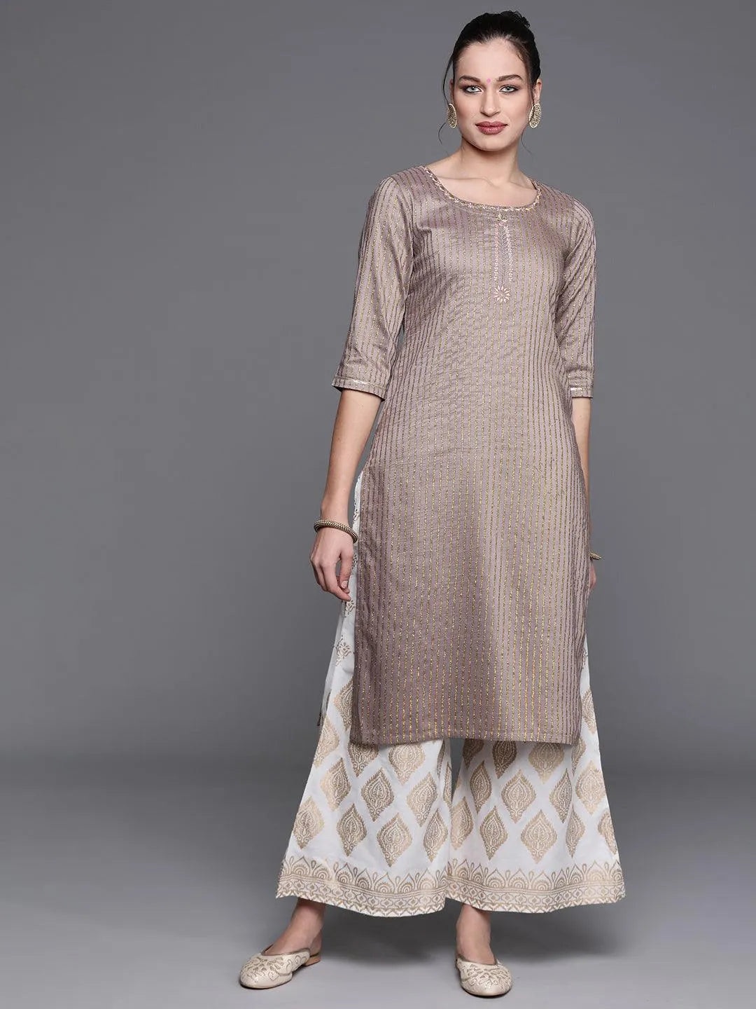 Grey Striped Chanderi Silk Kurta - Libas 