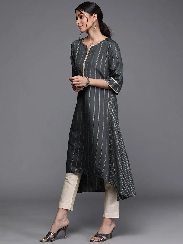 Grey Striped Chanderi Silk Kurta - Libas