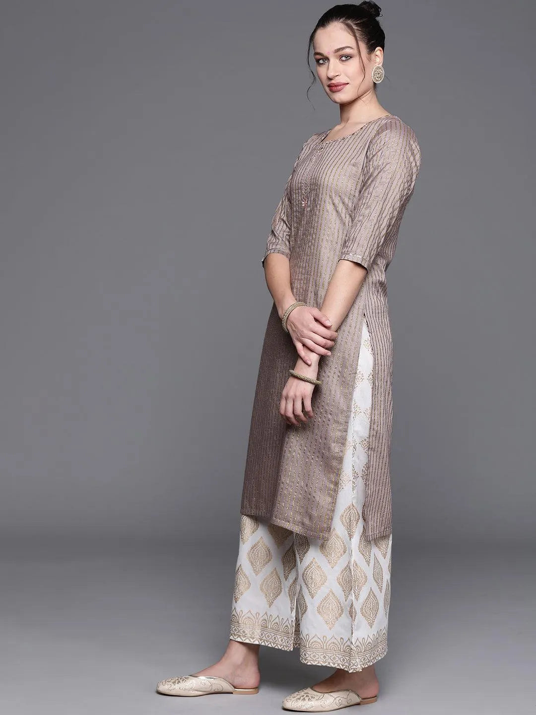 Grey Striped Chanderi Silk Kurta - Libas