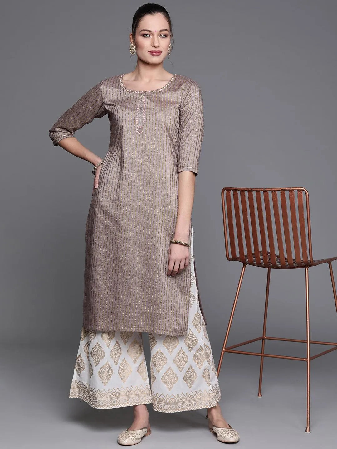 Grey Striped Chanderi Silk Kurta - Libas 