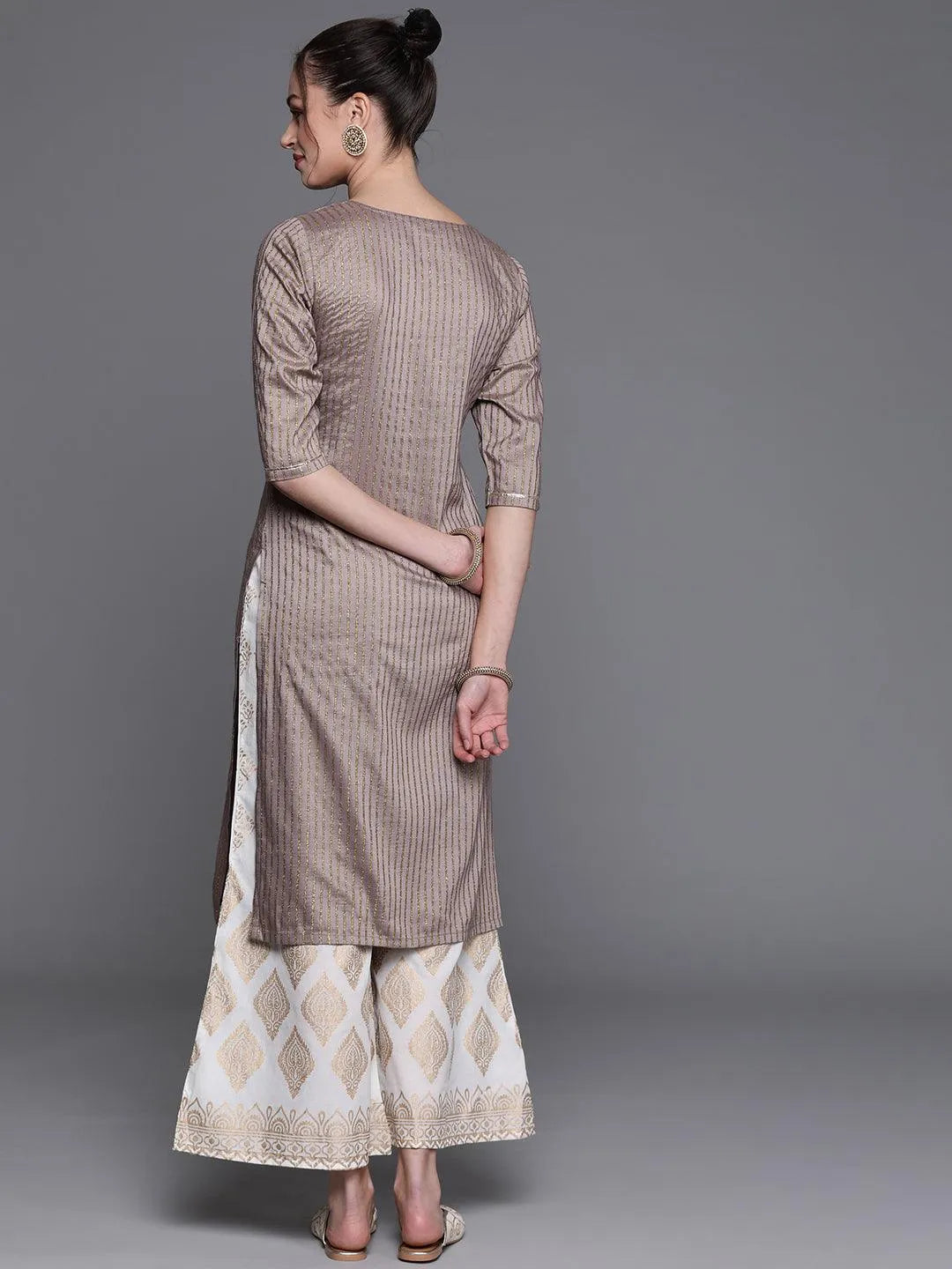 Grey Striped Chanderi Silk Kurta - Libas 