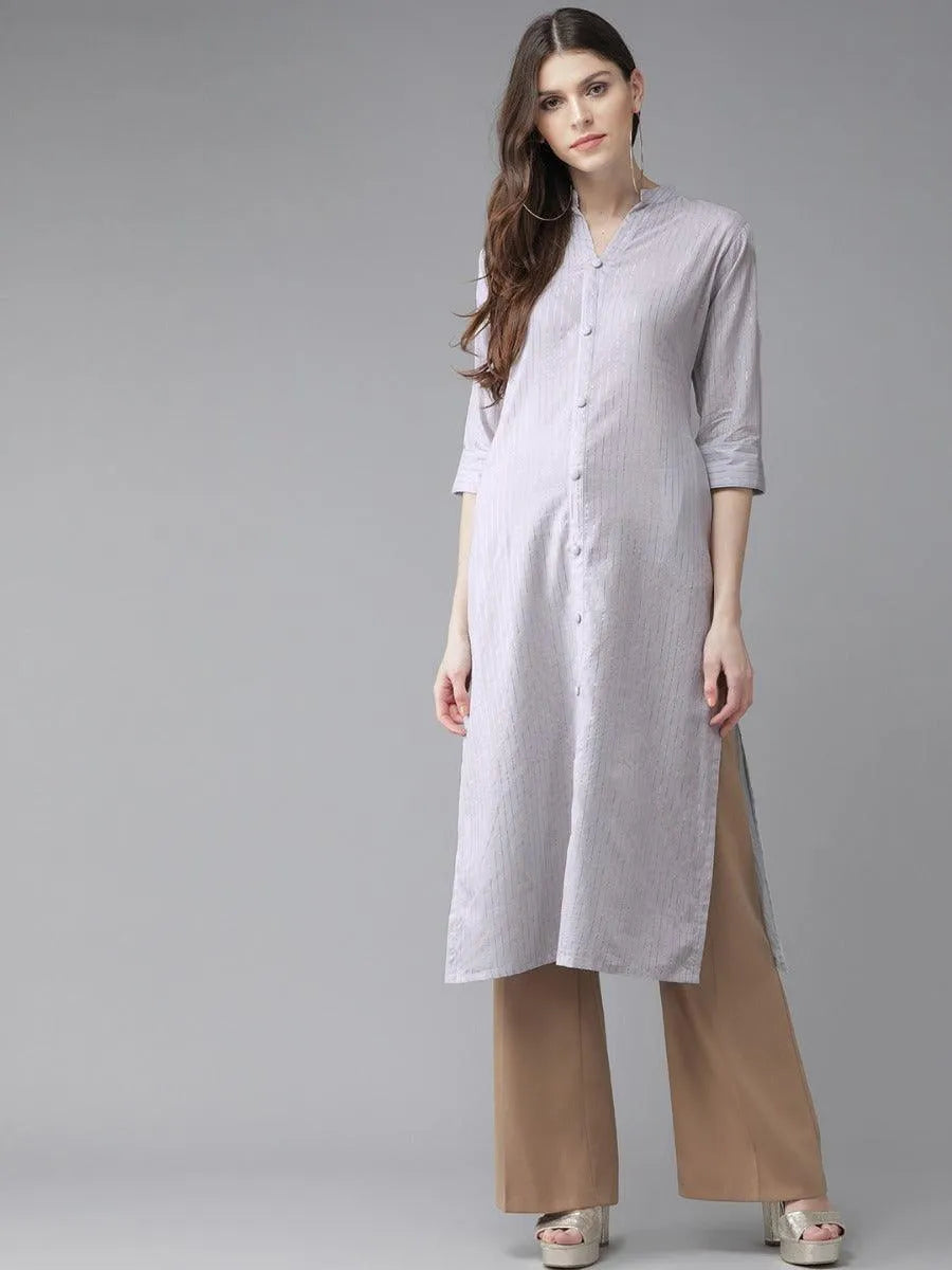 Grey Striped Cotton Kurta - Libas