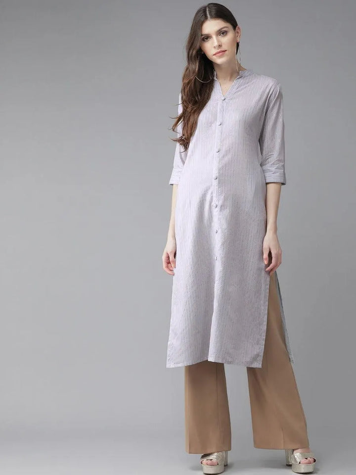 Grey Striped Cotton Kurta - Libas