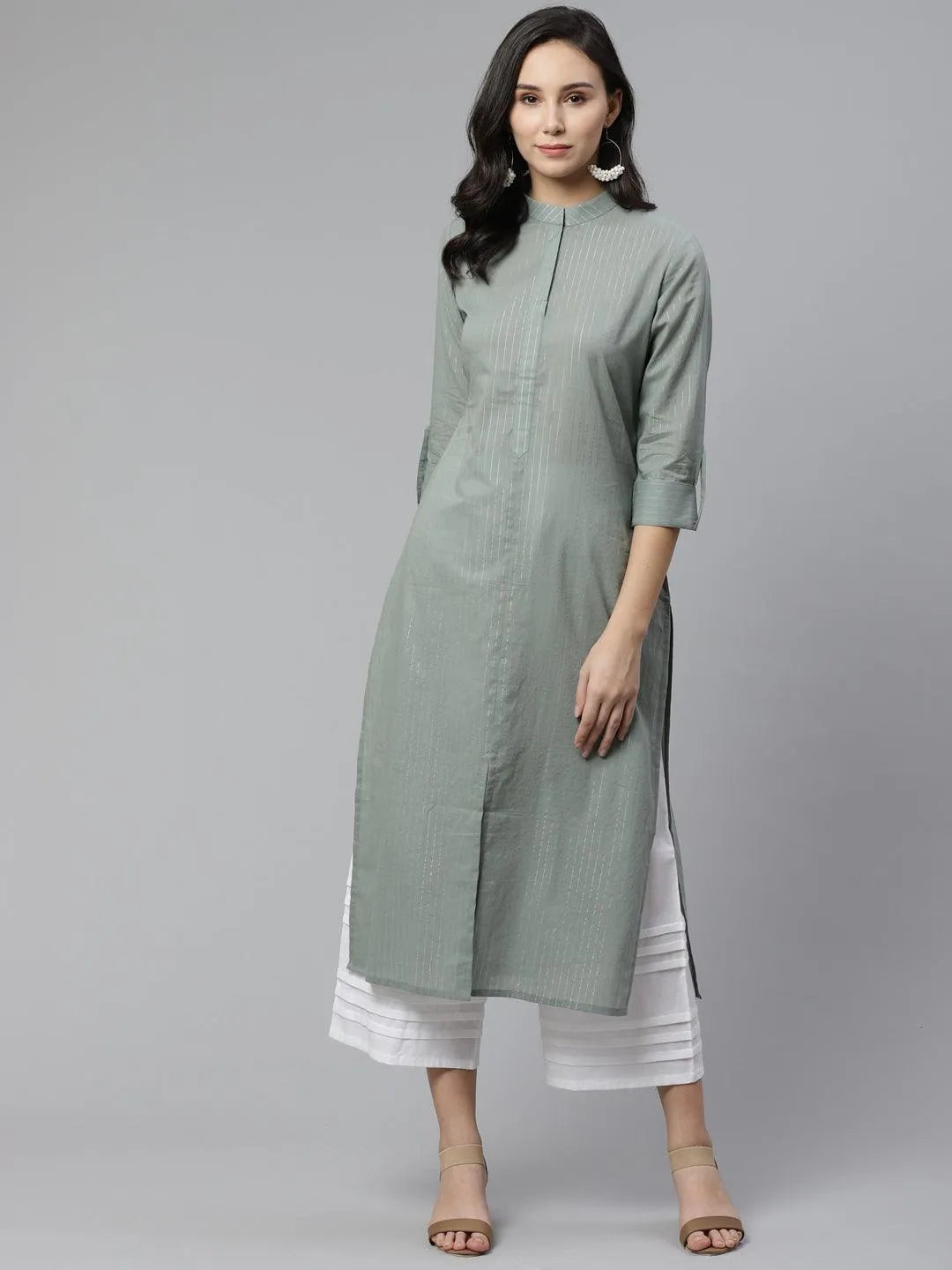 Grey Striped Cotton Kurta - Libas