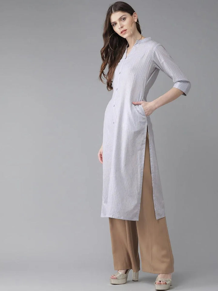 Grey Striped Cotton Kurta - Libas