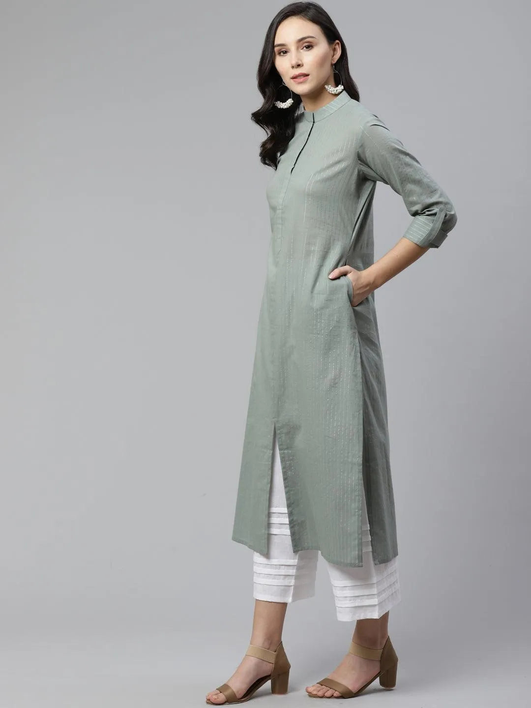 Grey Striped Cotton Kurta - Libas