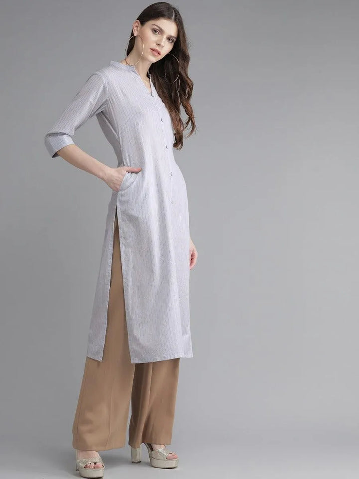 Grey Striped Cotton Kurta - Libas