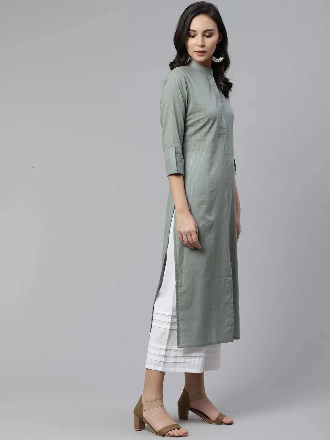 Grey Striped Cotton Kurta - Libas