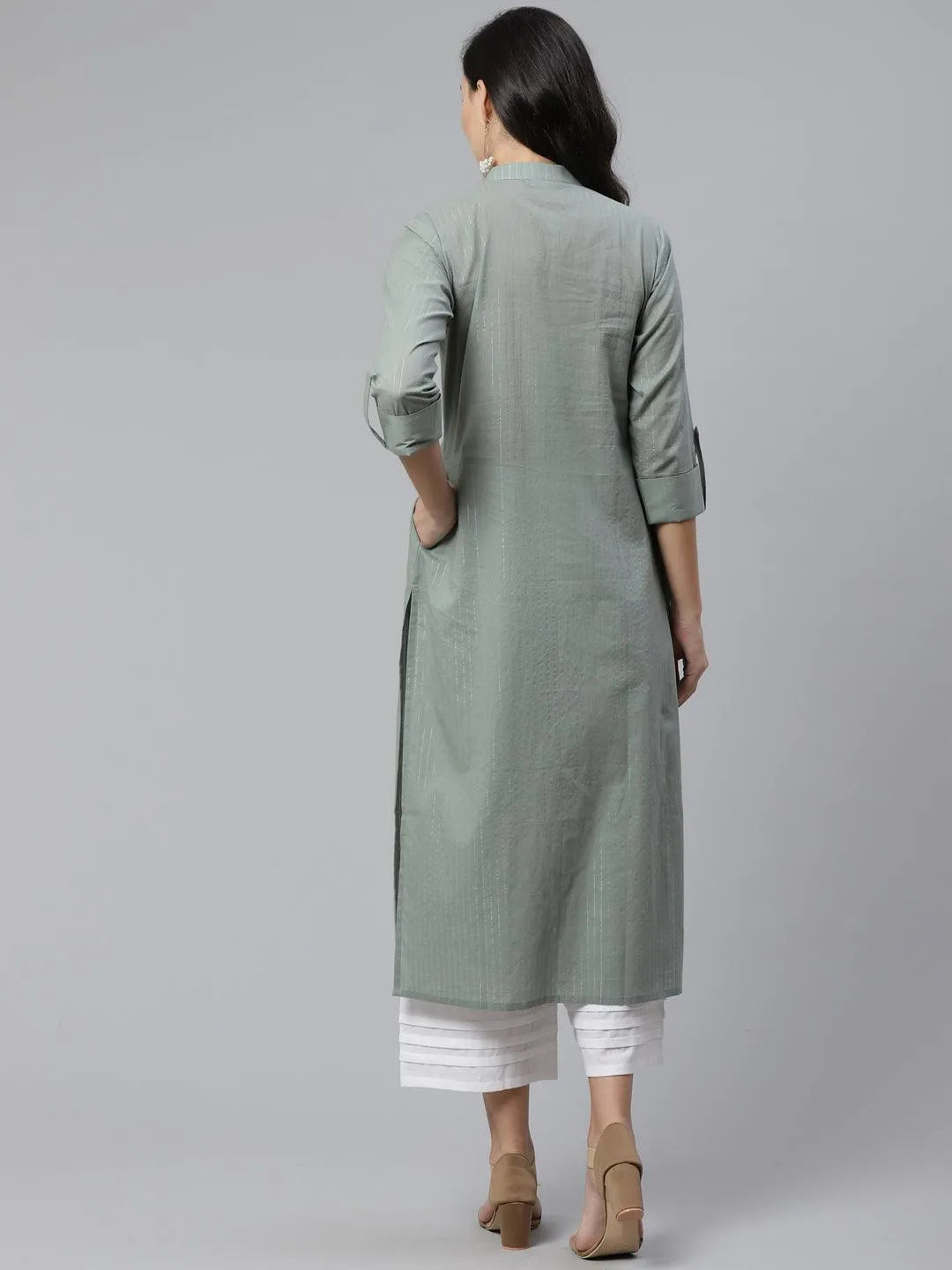 Grey Striped Cotton Kurta - Libas