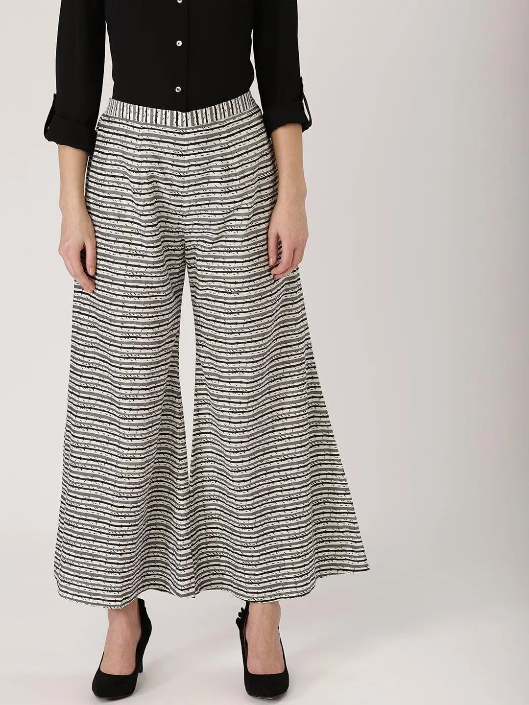 Grey Striped Cotton Palazzos - Libas 