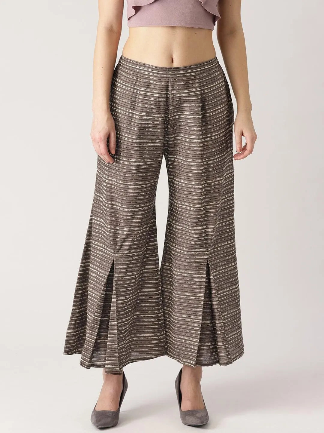 Grey Striped Cotton Palazzos - Libas 