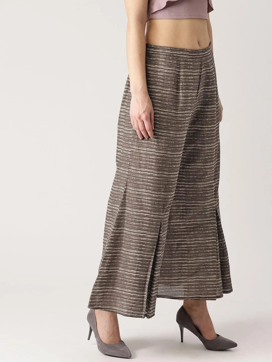 Grey Striped Cotton Palazzos - Libas 