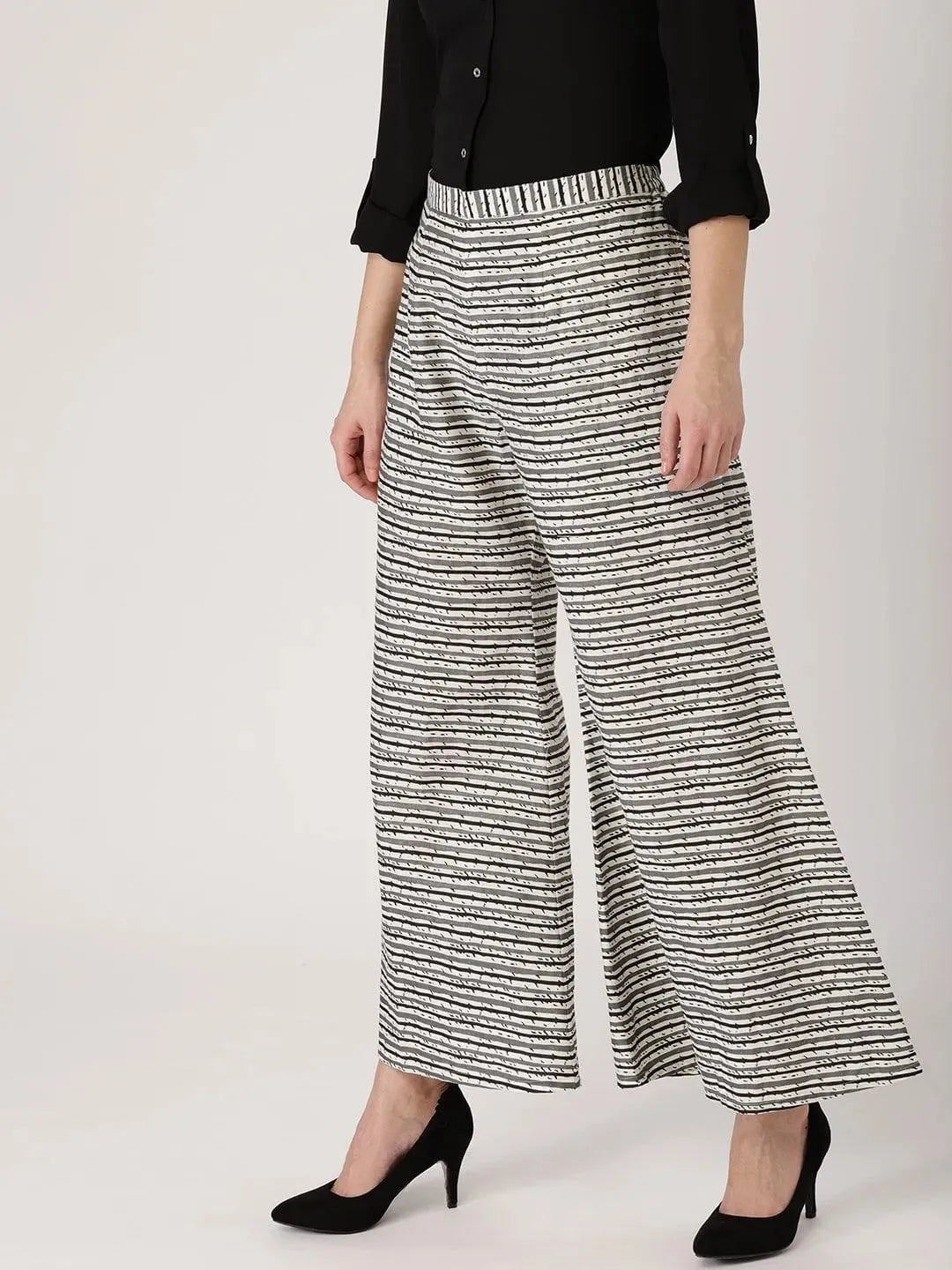 Grey Striped Cotton Palazzos - Libas 