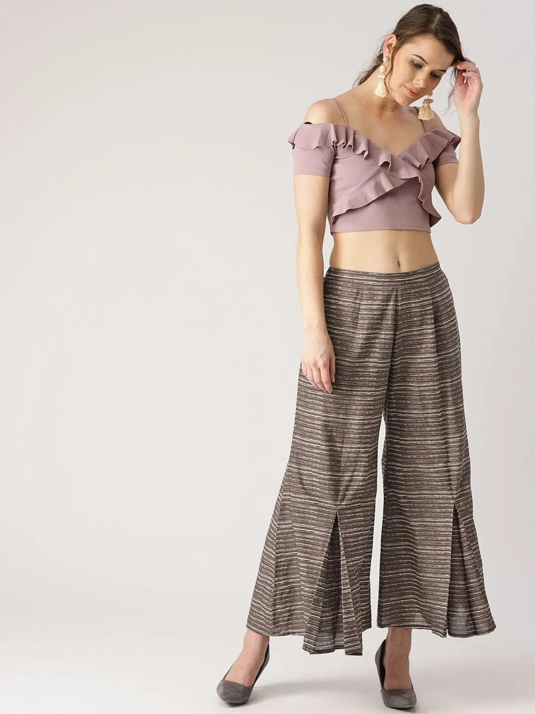 Grey Striped Cotton Palazzos - Libas 