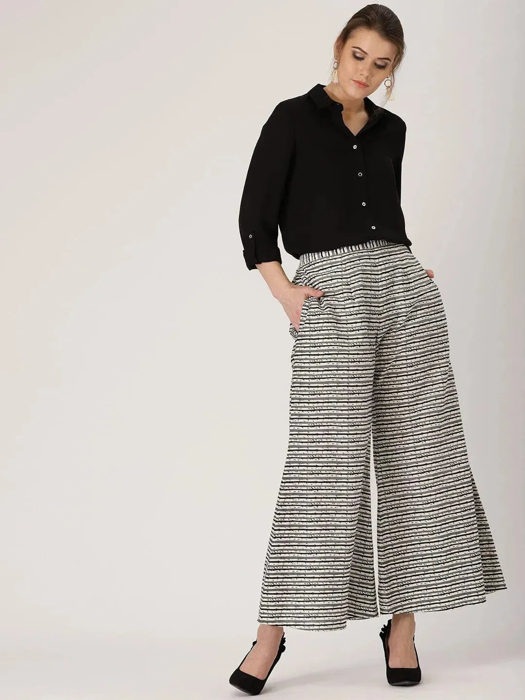 Grey Striped Cotton Palazzos - Libas 