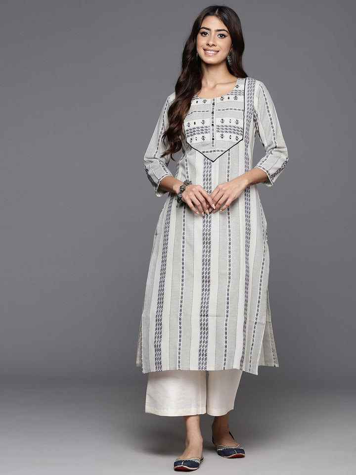 Grey Striped Cotton Straight Kurta - Libas