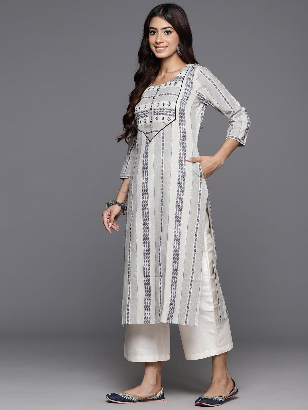 Grey Striped Cotton Straight Kurta - Libas