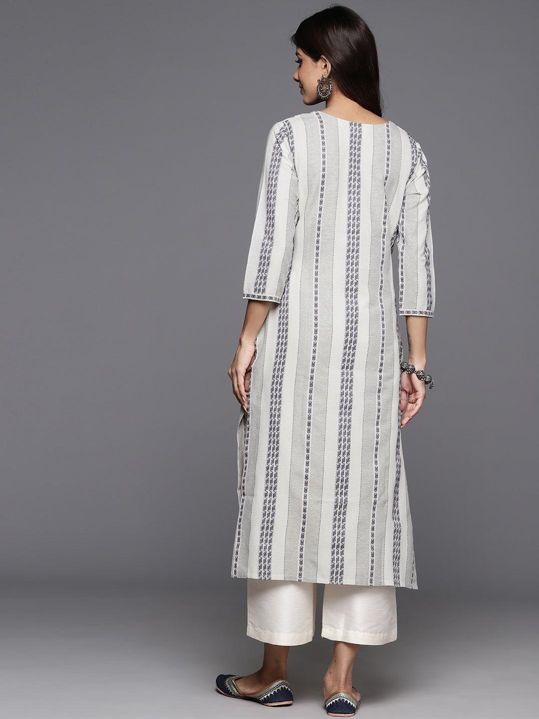 Grey Striped Cotton Straight Kurta - Libas