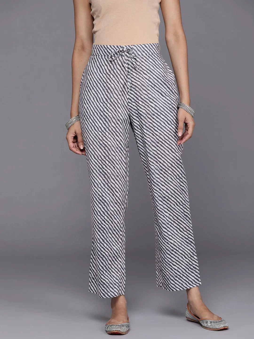 Grey Striped Cotton Trousers - Libas