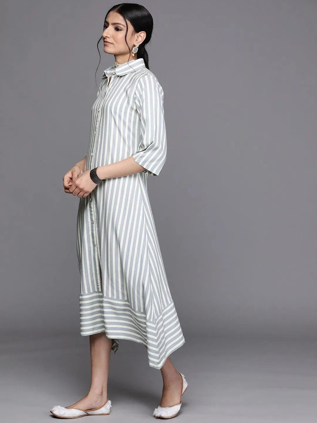 Grey Striped Rayon Dress - Libas