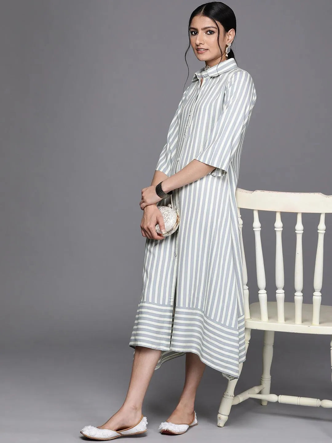 Grey Striped Rayon Dress - Libas 