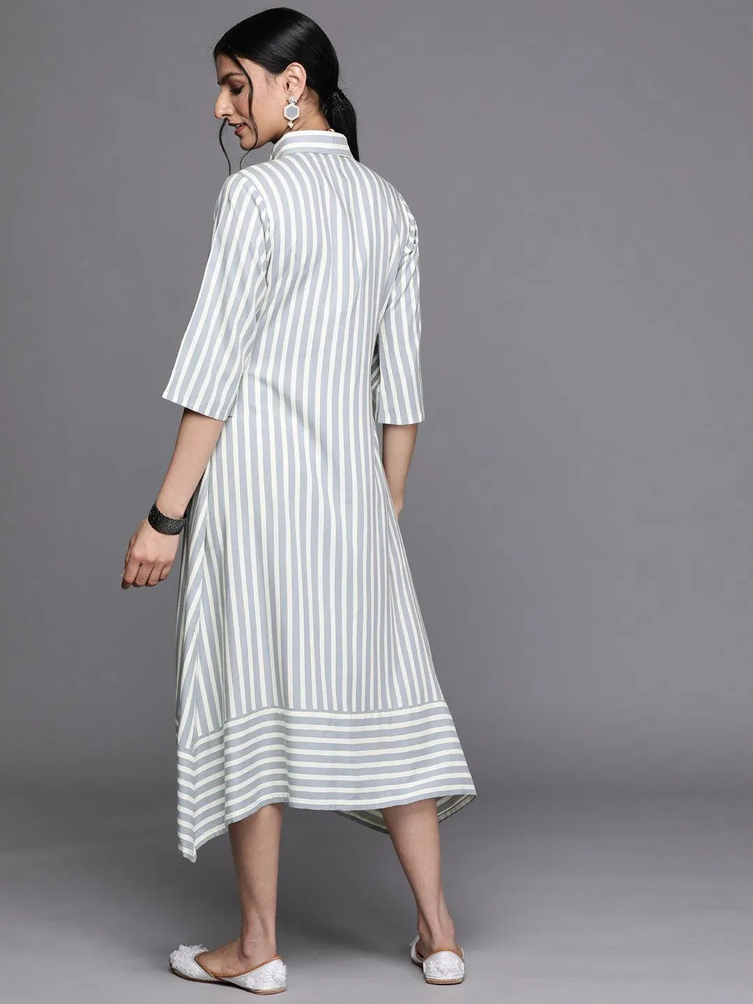 Grey Striped Rayon Dress - Libas 