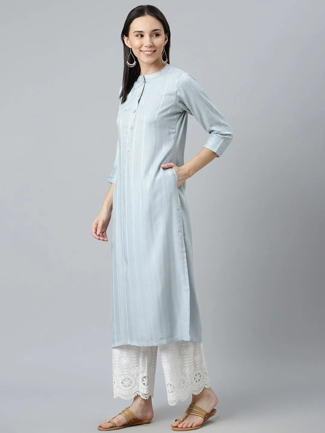 Grey Striped Rayon Kurta - Libas