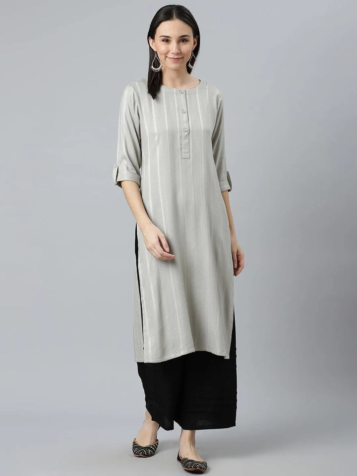 Grey Striped Rayon Kurta - Libas