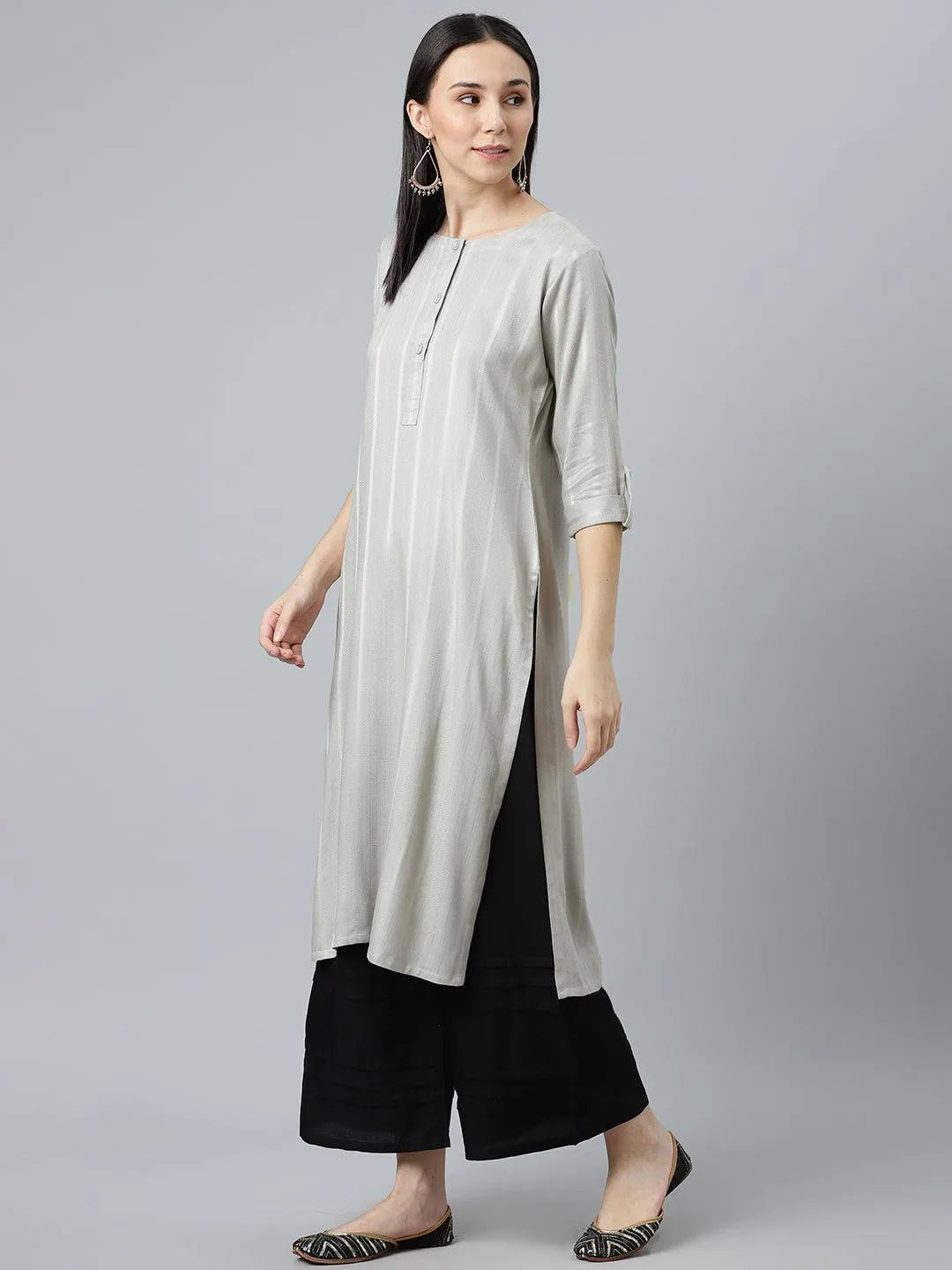 Grey Striped Rayon Kurta - Libas