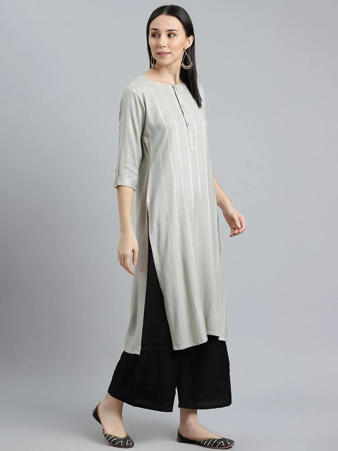 Grey Striped Rayon Kurta - Libas