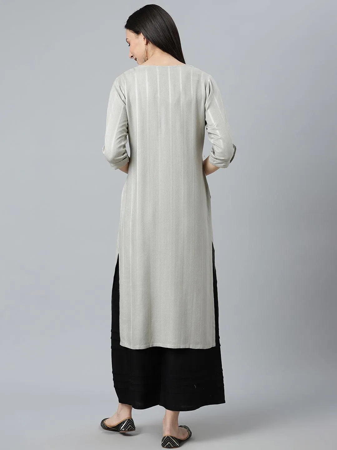 Grey Striped Rayon Kurta - Libas