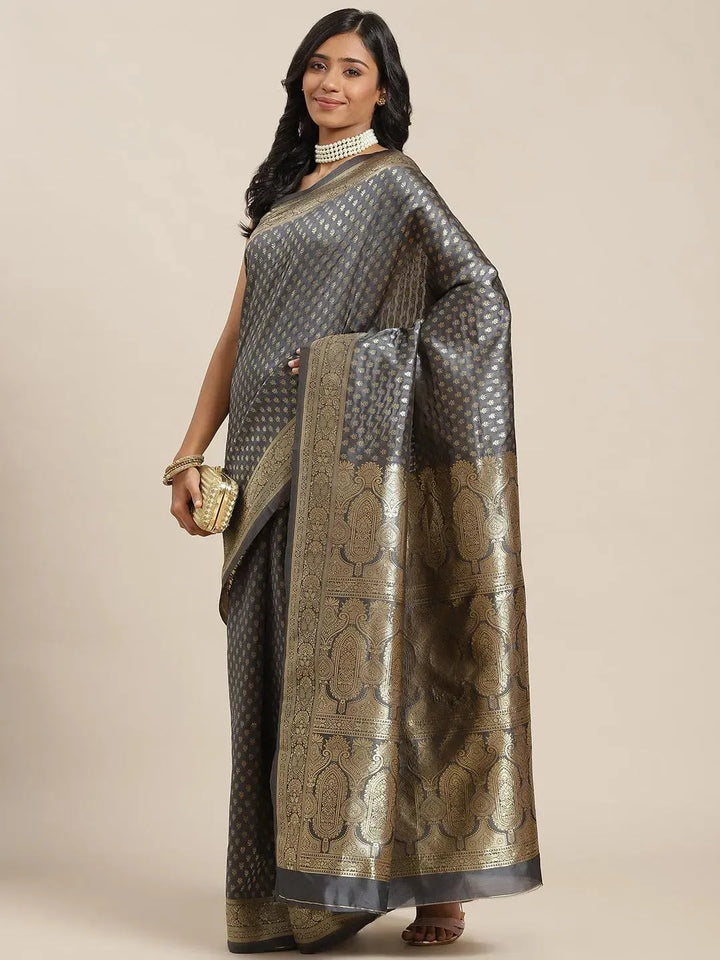 Grey Woven Design Brocade Saree - Libas