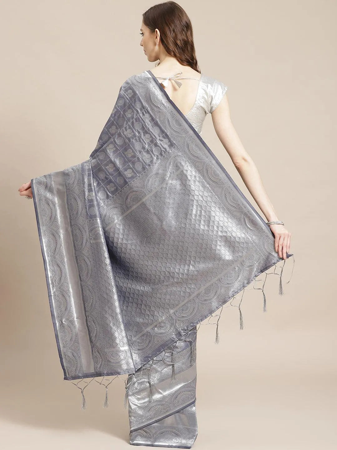 Grey Woven Design Brocade Saree - Libas