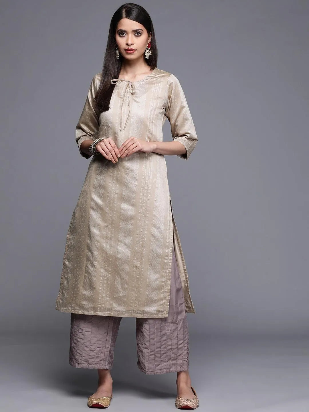 Grey Woven Design Chanderi Silk Kurta - Libas