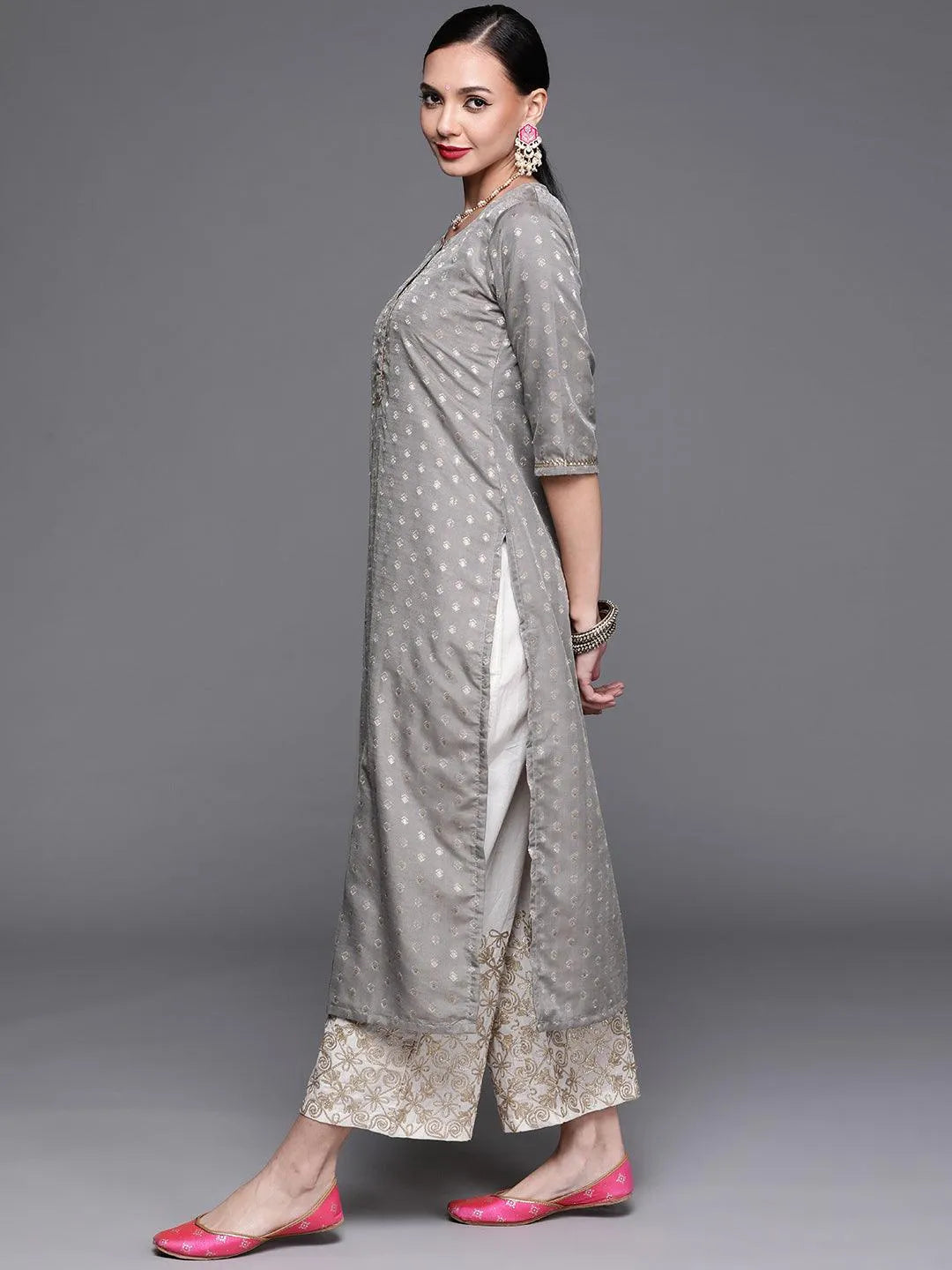 Grey Woven Design Chanderi Silk Kurta - Libas