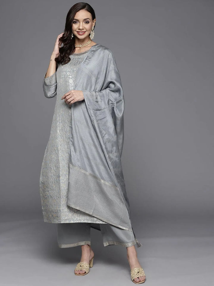 Grey Woven Design Silk Blend Straight Suit Set - Libas