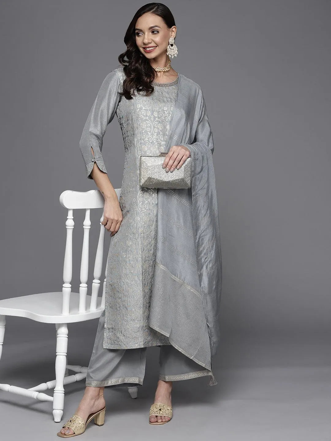 Grey Woven Design Silk Blend Straight Suit Set - Libas