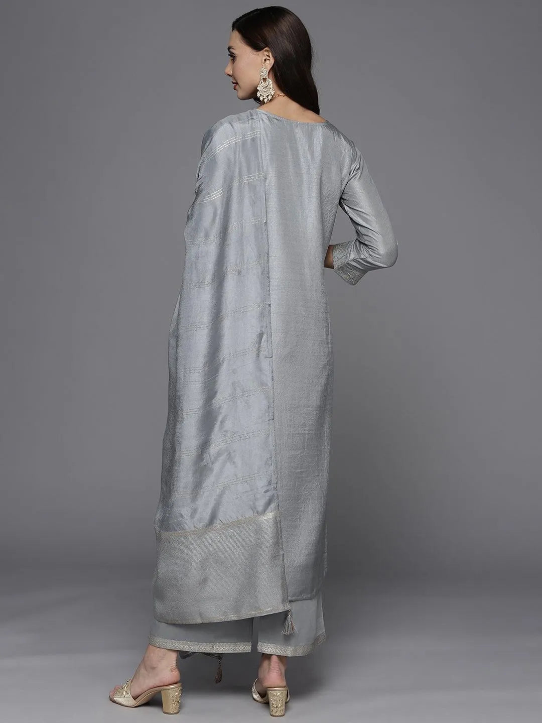 Grey Woven Design Silk Blend Straight Suit Set - Libas