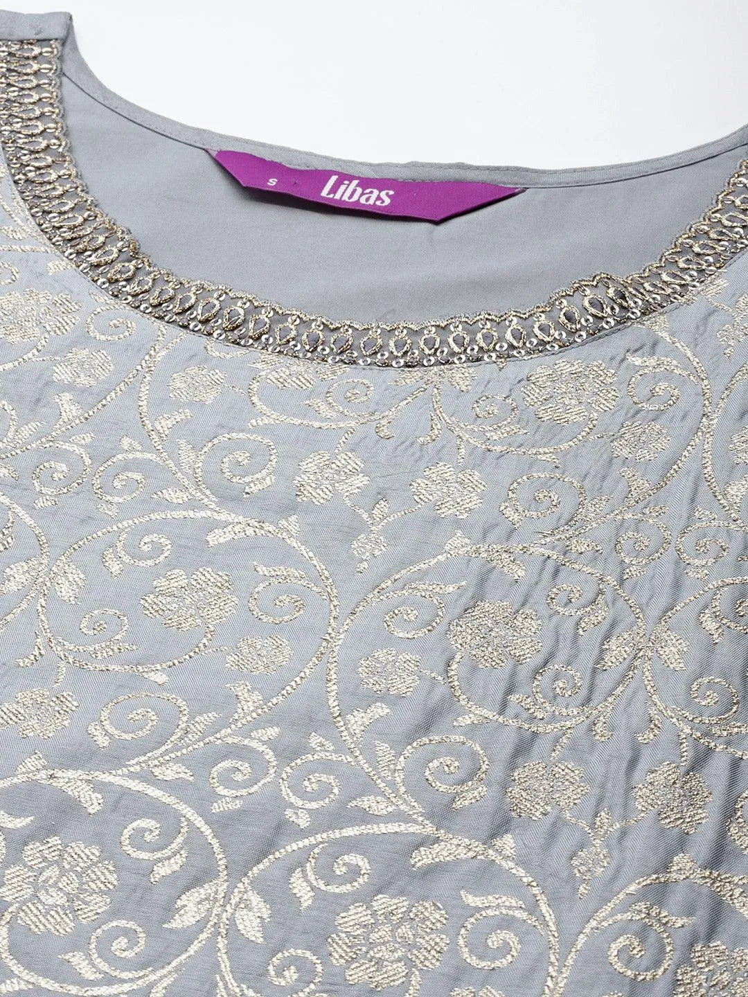 Grey Woven Design Silk Blend Straight Suit Set - Libas 