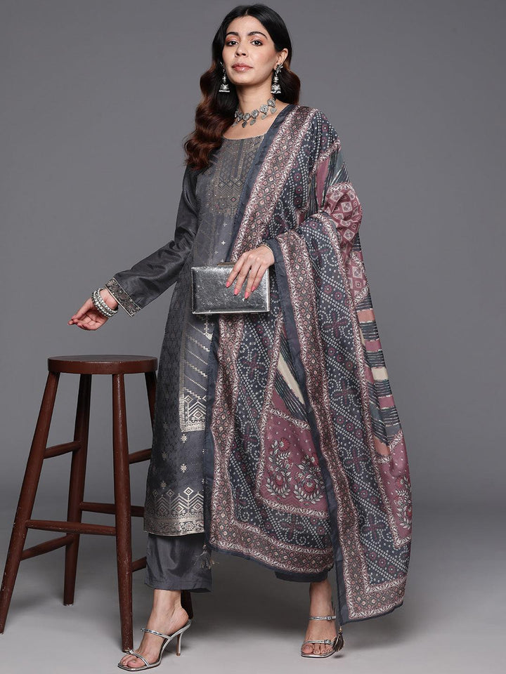 Grey Woven Design Silk Blend Straight Kurta With Trousers & Dupatta - Libas